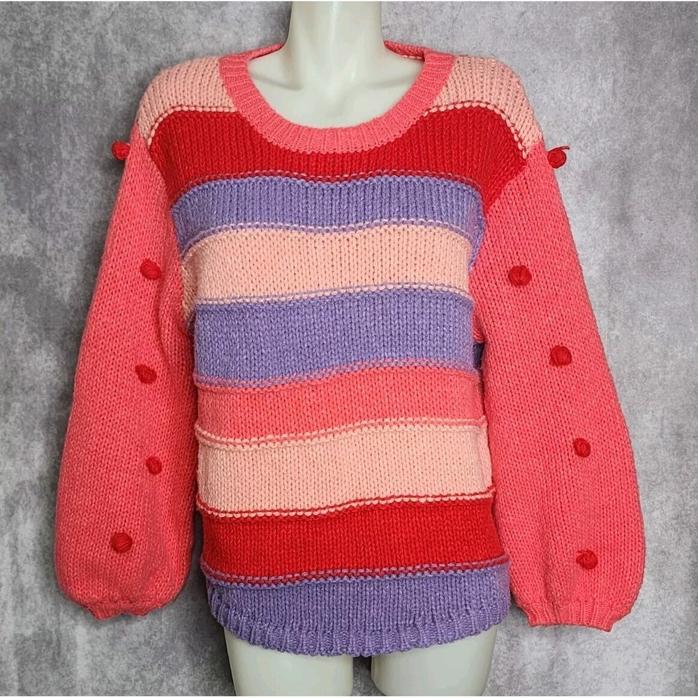 Umgee Striped Pom Pom Bubble Sleeve Sweater Womens Small Pink Red Purple Boho